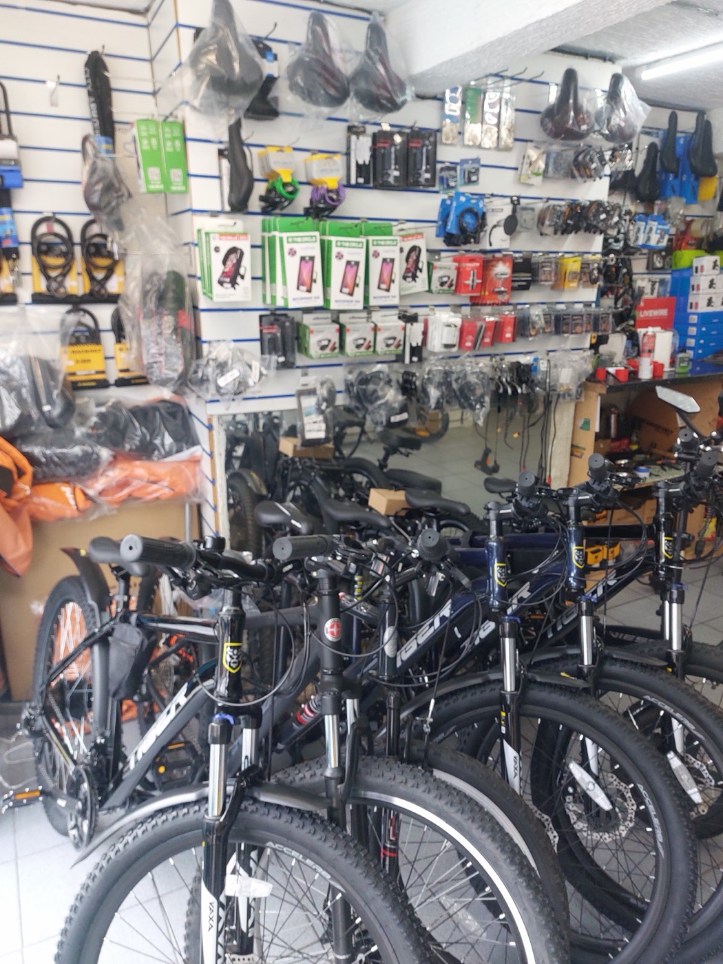 Inside Bethnal Green Cycles: a wall of bike accessories and parts above a row of bikes.